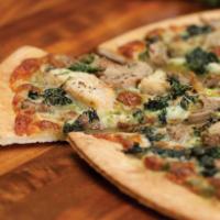 Pesto Chicken and Spinach Super Specialty Pizza · Packed with pesto flavor as a base sauce, topped with boneless grilled chicken breast strips...