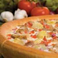 Chicken Artichoke Super Specialty Pizza · Garlic white sauce base, boneless grilled chicken breast strips, artichokes, tomatoes, red o...