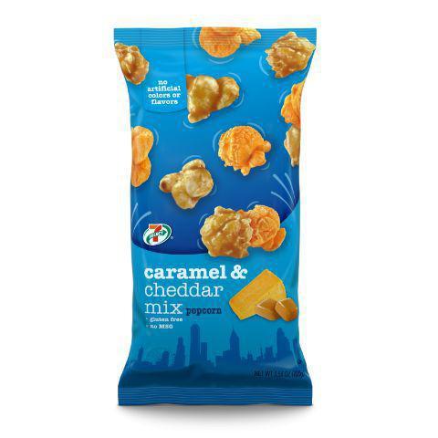 7-Select Cheddar & Caramel Popcorn 3.5oz · Kettle-style popcorn coated with sweet, gooey caramel and a sprinkle of salt.