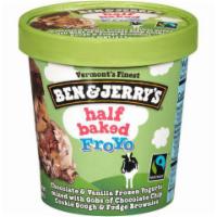 Ben & Jerry's Half Baked Froyo Pint · Chocolate & vanilla low-fat froyo mixed with chocolate chip cookie dough & fudge brownies.