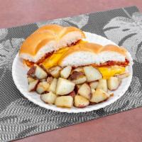 Egg and Cheese with Meat Sandwich · Bacon, pork roll, sausage or ham. Extras meat, cheese and egg for an additional charge. Add ...