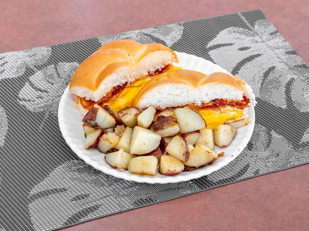 Egg and Cheese with Meat Sandwich · Bacon, pork roll, sausage or ham. Extras meat, cheese and egg for an additional charge. Add hash brown, home fries for an additional charge. Substitute egg white for an additional charge.