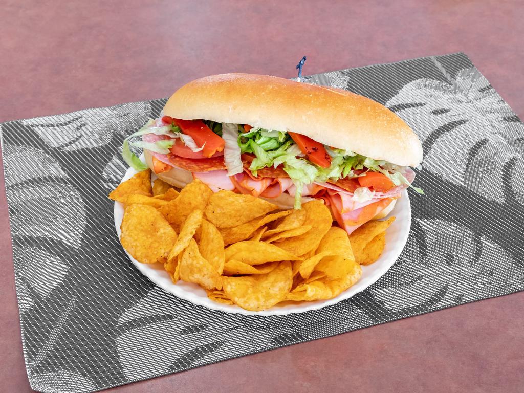 A6. Italian Sub Lunch · Ham cappy, Genoa salam, pepperoni, provolone, roasted peppers, lettuce and tomato.