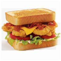 Club TOASTER® · A breaded, all white meat chicken breast topped with crispy bacon, cheese, fresh lettuce, ri...