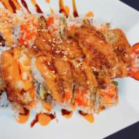 Lobster Roll · Tempura lobster tail, asparagus, avocado, Monterey Jack cheese, topped with masago, eel sauc...