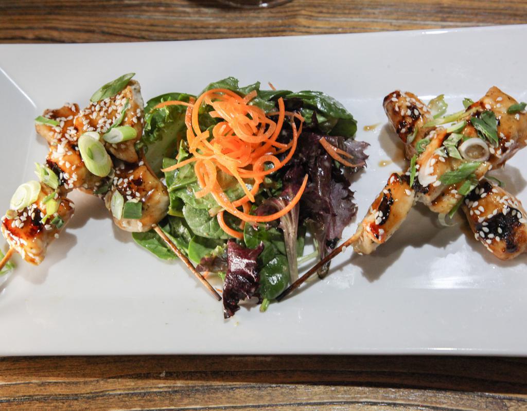 Grilled Chicken Skewers · Sweet ginger & soy, mixed salad