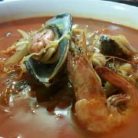 28. Jjam-Pong · Spicy seafood noodles contains shellfish, shrimp, squid and various of vegetable. Add ramen ...