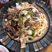 Beef Yaki Udon · Stir-fried bulgogi yaki udon with various of vegetables. Add cheese for an additional charge.