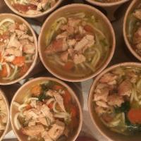 Chix-Less Noodle Soup · Vegan chicken tenders sauteed with fresh onions, garlic, celery, carrots, parsley, simmered ...