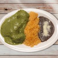 Pipian Verde de Pollo · Chicken with green sauce served with rice, beans and tortillas.