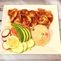Camarones a la Diabla · Sauteed shrimps with chipotle sauce. Served wtih rice and beans and tortillas.