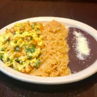 Huevos a La Mexicana · Mexican style eggs. Served with rice and beans. 