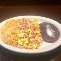 Huevos Con Jamon · Eggs with ham. Served with rice and beans. 