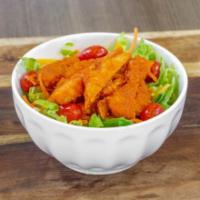 Chicken Finger Salad · Romaine, humanely-raised, breaded chicken, carrots, tomatoes, and your choice of ranch or bl...