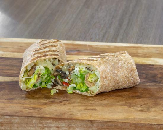 Veggie Wrap · Mozzarella cheese, roasted mushrooms, red peppers red onions, romaine, with your choice of dressing.