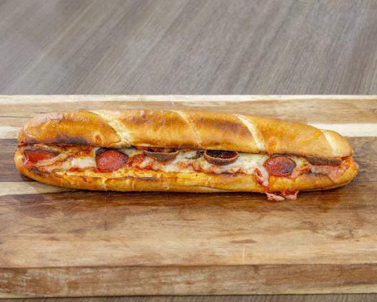 Pizza Sub · A touch of house-made garlic oil, pizza sauce, pepperoni, mozzarella, herbs, with your choice of additional toppings.