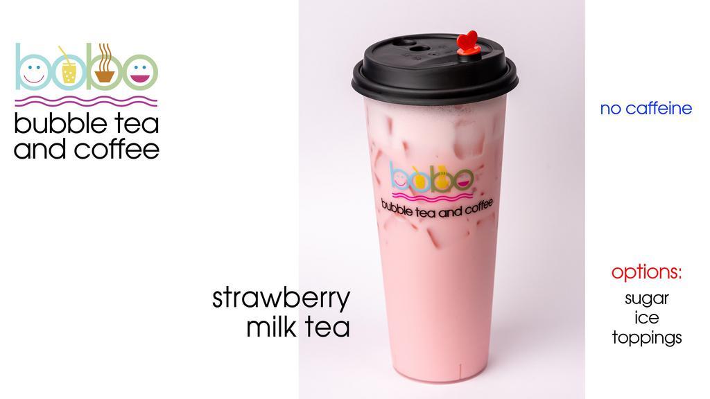 Strawberry Milk Tea · Sweet, fruity, and delicious, our strawberry milk tea will remind you of drinking a frosty glass of strawberry milk as a child. One taste, and you'll find out why this is the most popular tea among all of our customers! (This drink is caffeine-free.)