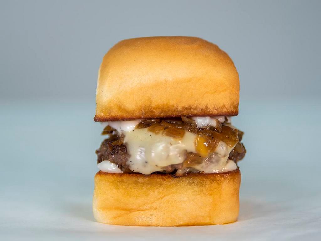 Impossible Slider · Mayo, white American cheese, and caramelised onions. Served on King's Hawaiian.