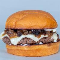 Gooey Lewis · Impossible Meats.  White American cheese, caramelized onions, and garlic aioli, served on Ki...