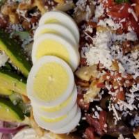Cobb Salad · Grilled chicken, tomatoes, avocado, bacon, red onions, black olives, cucumbers, feta & an eg...