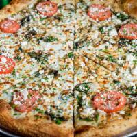Popeye and Olive Oil Pizza · Fresh spinach leaves on a bed of creamy Alfredo sauce with Roma tomatoes, garlic and feta ch...