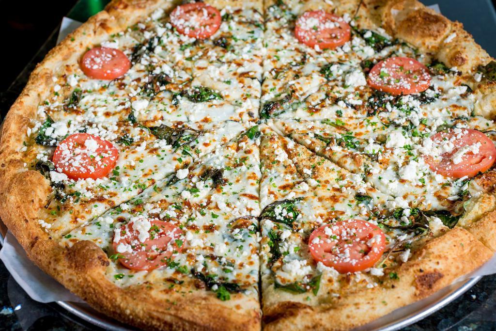 Popeye and Olive Oil Pizza · Fresh spinach on an Alfredo sauce base with Roma tomatoes, garlic and feta cheese.