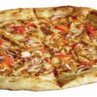 Creole Pizza · Spicy chicken strips, red onions, roasted red peppers and smoked mozzarella. Spicy.