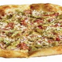 Cochino Chicken Pizza · Pesto chicken, red onions, hickory smoked bacon and feta cheese crumbles.
