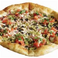 Zorba Chicken Pizza · Savory pesto chicken, fresh spinach, sweet red onions, organic black olives and Roma tomato ...