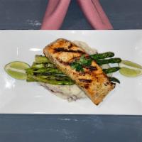 8. Grilled Salmon · A Generous size of Grilled filet of salmon. Served with redskin mashed potatoes, and Fresh a...