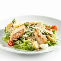 Caesar Salad with Strips of Grilled Chicken · Fresh salad made with romaine lettuce, sliced Romano cheese, homemade garlic roasted crouton...