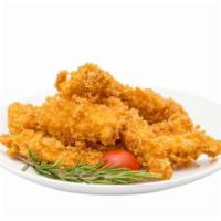 Chicken Fingers · Fresh batch of chicken fingers served with celery, carrots, and honey mustard.
