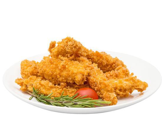 Chicken Fingers · Fresh batch of chicken fingers served with celery, carrots, and honey mustard.
