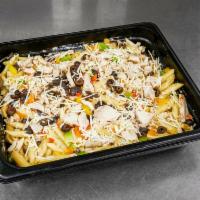Chicken Pasta Salad · Grilled chicken with bell peppers, black olives, Parmesan, and penne pasta all tossed with C...