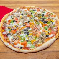 Vegetable Pizza Pie · Large pie topped with peppers ,onions ,mushrooms,broccoli ,tomatoes and olive .