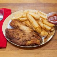 Fish and chips · Breaded fried tilapia with a side of fries.
