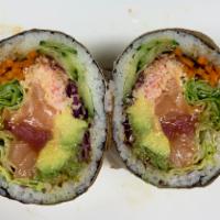 #2. Tokyo Rose Burrito · Tuna, salmon, avocado, carrot, cucumber, purple cabbage, romaine hearts, imitation crab salad.