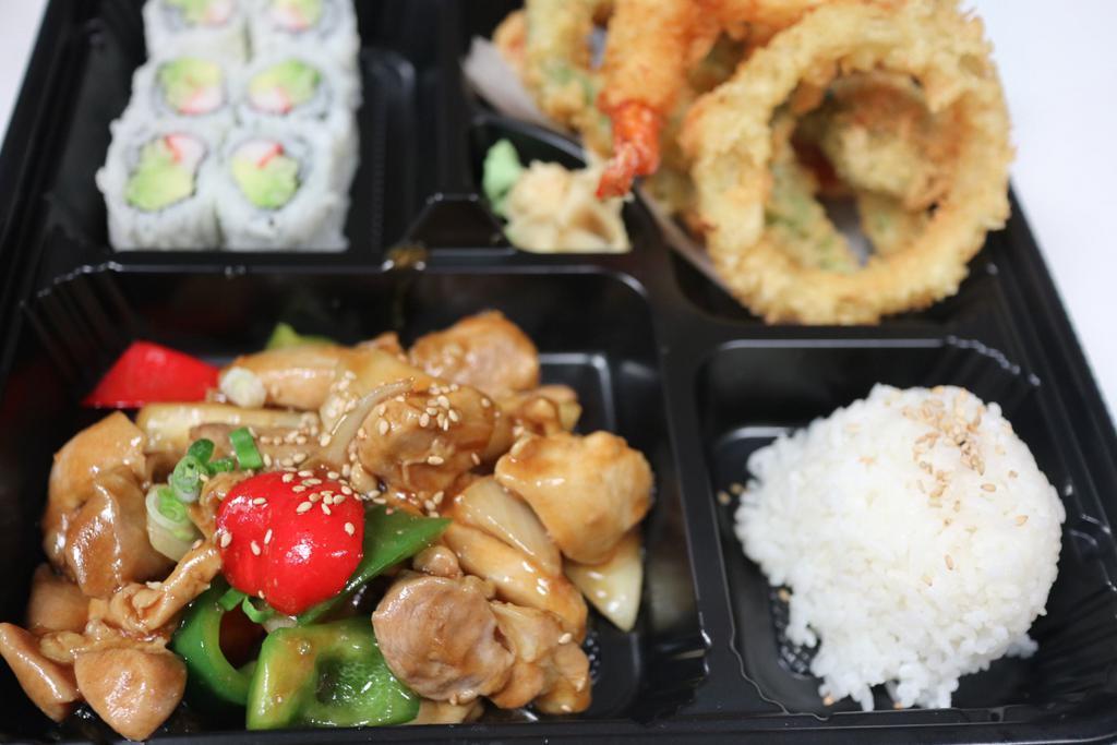 Chicken Teriyaki Box  · Includes rice, miso soup, fried dumplings, shrimp tempuras, vegetable tempuras and California roll.
