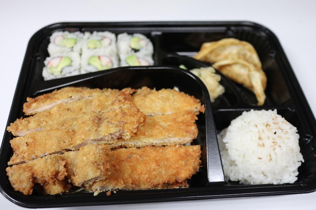 Chicken Katsu Box  · Includes rice, miso soup, fried dumplings, shrimp tempuras, vegetable tempuras and California roll.