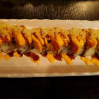 Crazy Roll · In: spicy  salmon, avocado. Top: spicy tuna, sp mayo, eel sauce, crunch, scallion