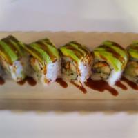 Dragon Roll · In: eel, kani, cucumber. Top: avocado, eel sauce.