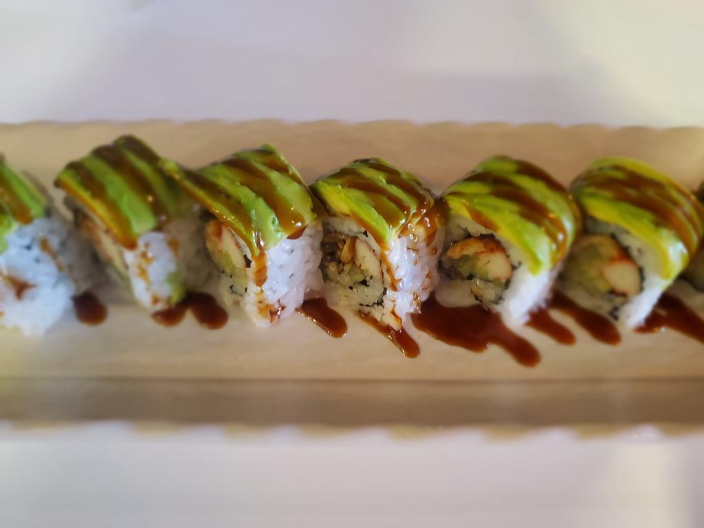 Dragon Roll · In: eel, kani, cucumber. Top: avocado, eel sauce.
