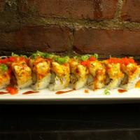 Fairfield Roll · In: shrimp tempura, avocado. Top: seared spicy white tuna, eel sauce, ginger sauce, masago, ...