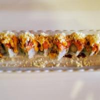 Kamikazi Roll · In: shrimp tempura avocado. Top: spicy tuna, spicy mayo, eel sauce, crunch