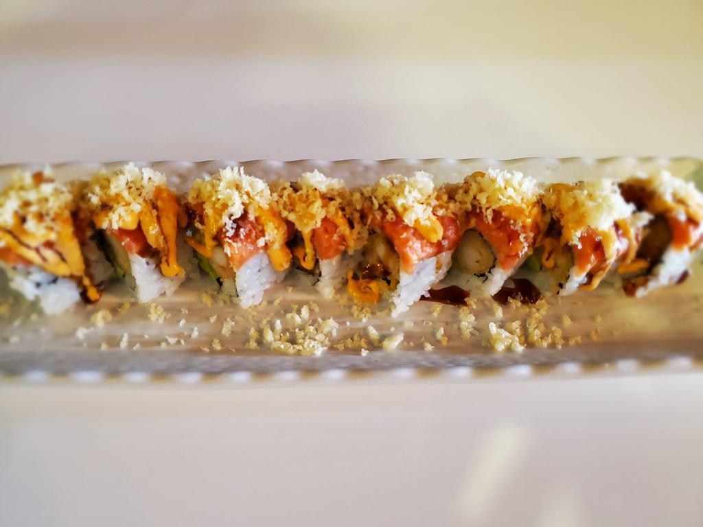 Kamikazi Roll · In: shrimp tempura avocado. Top: spicy tuna, spicy mayo, eel sauce, crunch