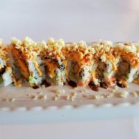 Lover's Roll · In: shrimp tempura, avocado. Top: spicy crab, crunch, sp mayo, eel sauce