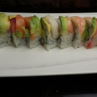 Rainbow Roll · In: California roll. Top: tuna, salmon, red snapper, white fish, shrimp, avocado.