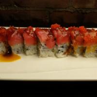 Red dragon Roll · In: shrimp tempura, avocado. Top: tuna, eel sauce, ginger sauce, masago.
