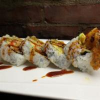 Spider Roll · In: soft shell crab, cucumber. Top: eel sauce, masago.