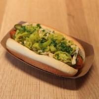 Veggie Special Dog · Veggie dog, hummus, pickles and peppers.
